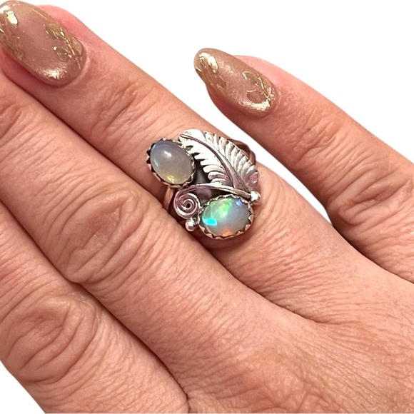 Amazing Huge Double Ethiopian Opal Leaf Design Sterling Silver Ring Size 6 - Picture 8 of 13